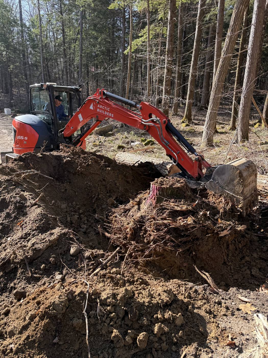 Excavator removing a tree stump to clear a site